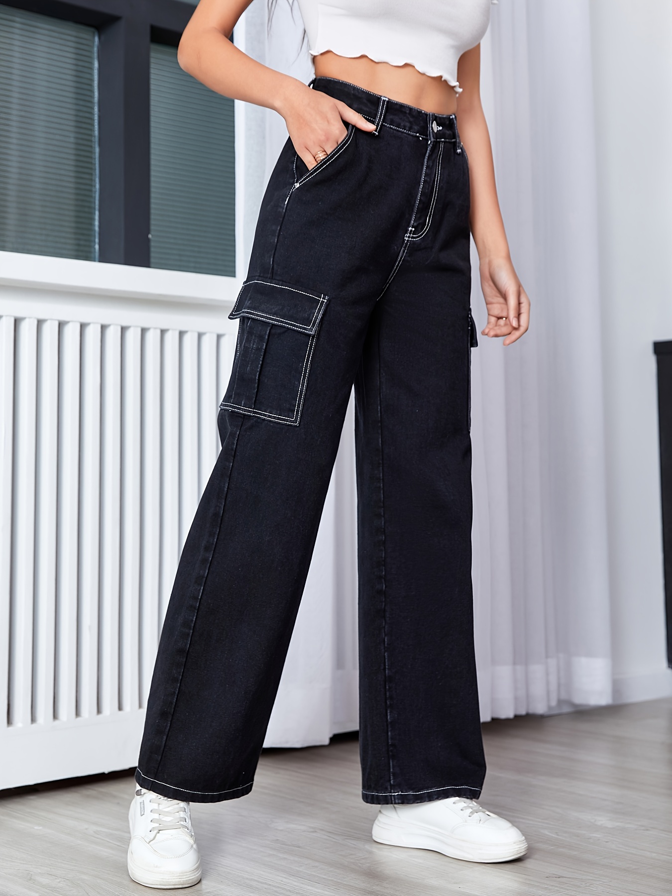 Black Contrast Stitching Seam Cargo Jeans, High * Solid Color Loose Flap  Pocket Denim Pants, Women's Denim Jeans & Clothing