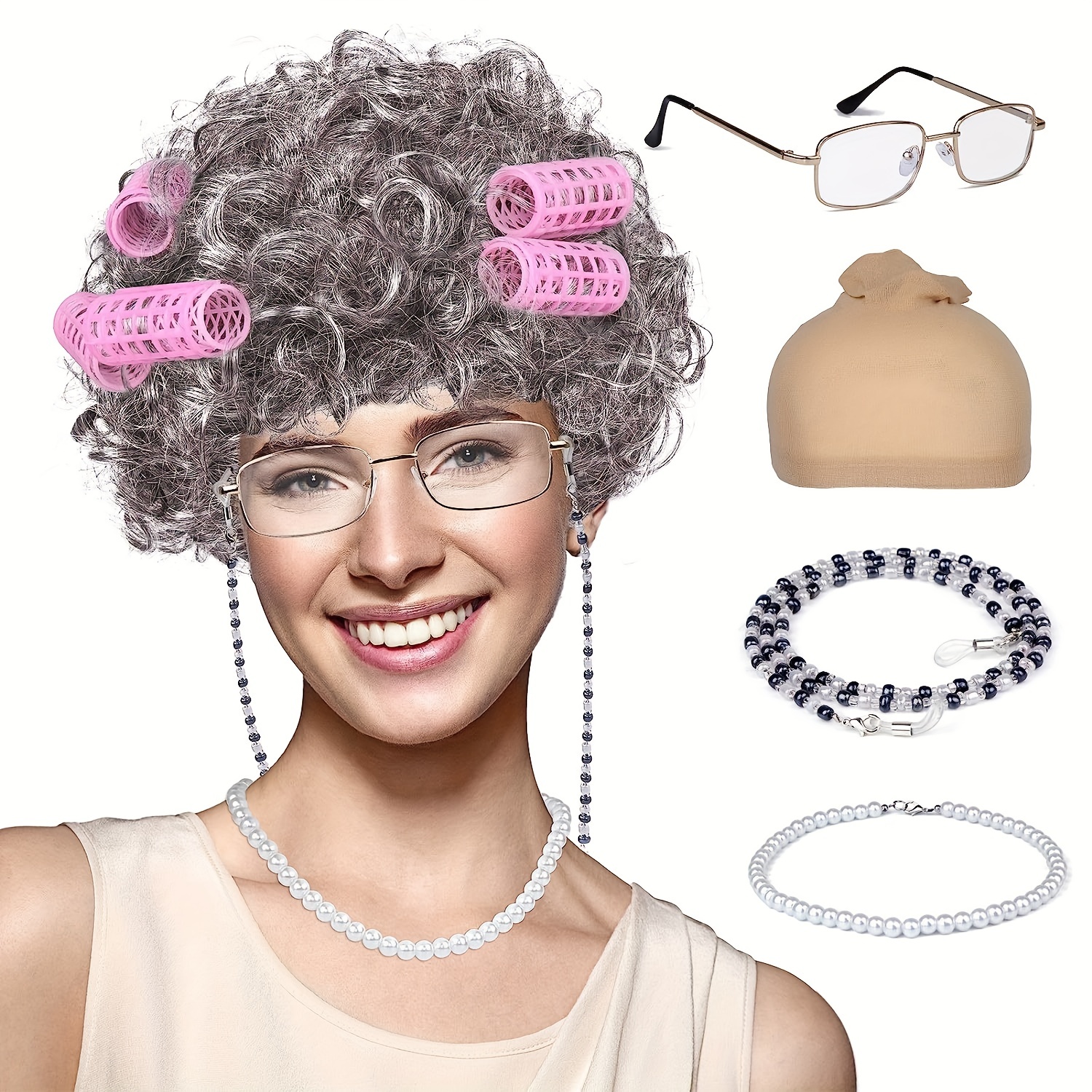 

5pcs Women's Costume Set, Sassy Wig Cap With Heat-resistant Fiber, Granny Glasses, Glasses Fixing Chain, Pearl Necklace - Ideal For Halloween Role-playing & , Carnival/mardi Gras/masquerade