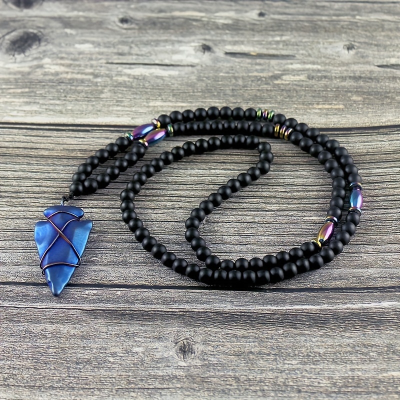 Matte Agate Round Beads Gallstone Arrow Pendant Necklace for Men