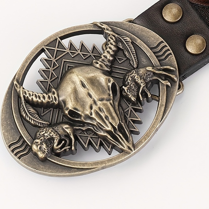 Retro Western Cowboy Belt for Men with Bull Pattern Buckle