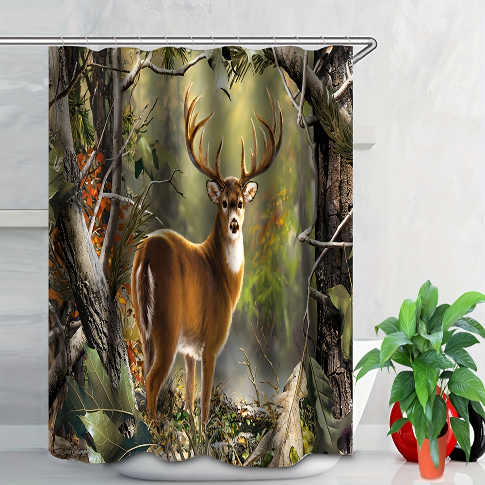  Deer Hunting Bathroom 4 Sets Shower Curtain Decor with Rugs,  Toilet Lid Cover and Bath Mat,12 Hooks : Home & Kitchen