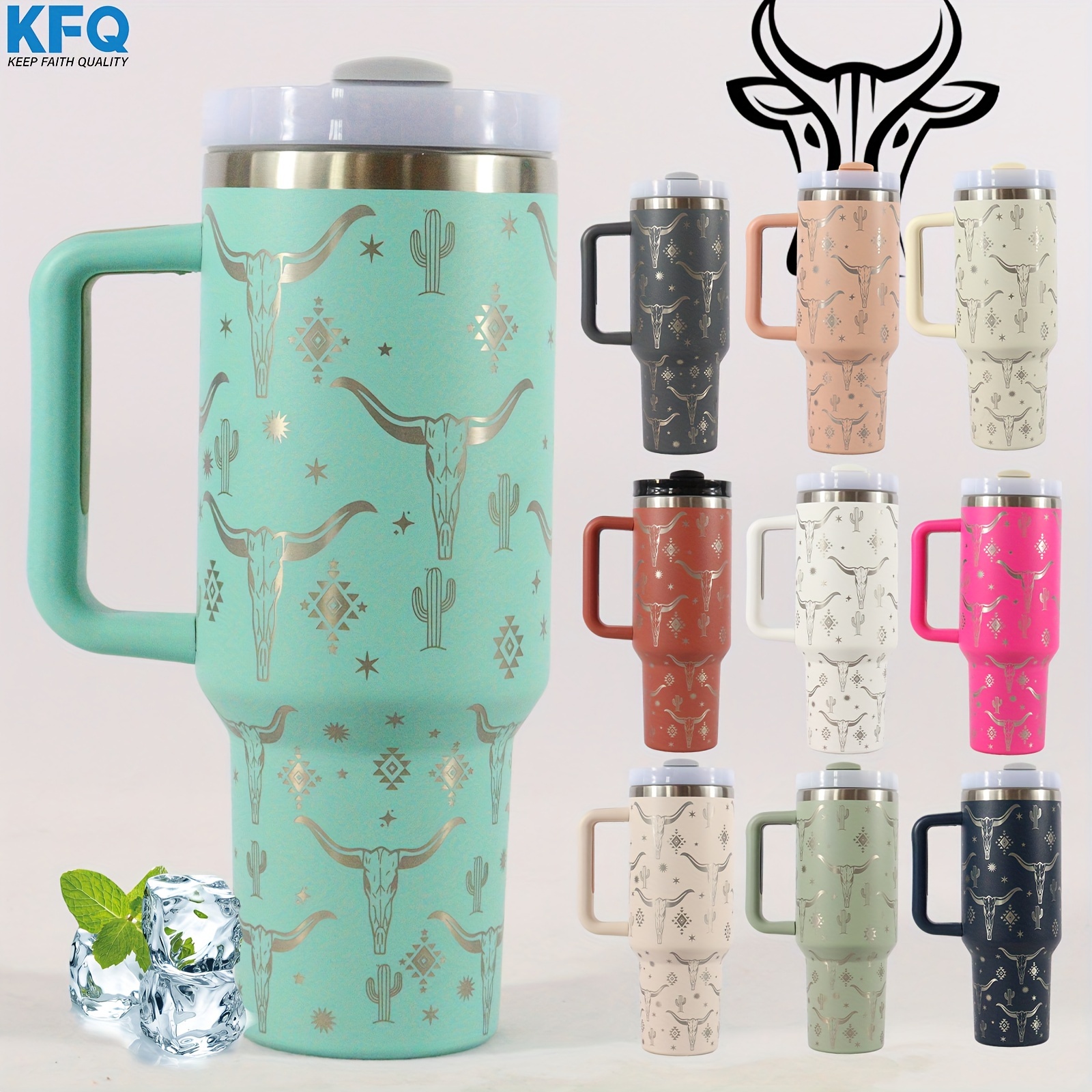 1pc 1200ml Stainless Steel Tumbler With Straw, South American Style Cowboy  Head Pattern Travel Mug With Handle, Insulated Cup