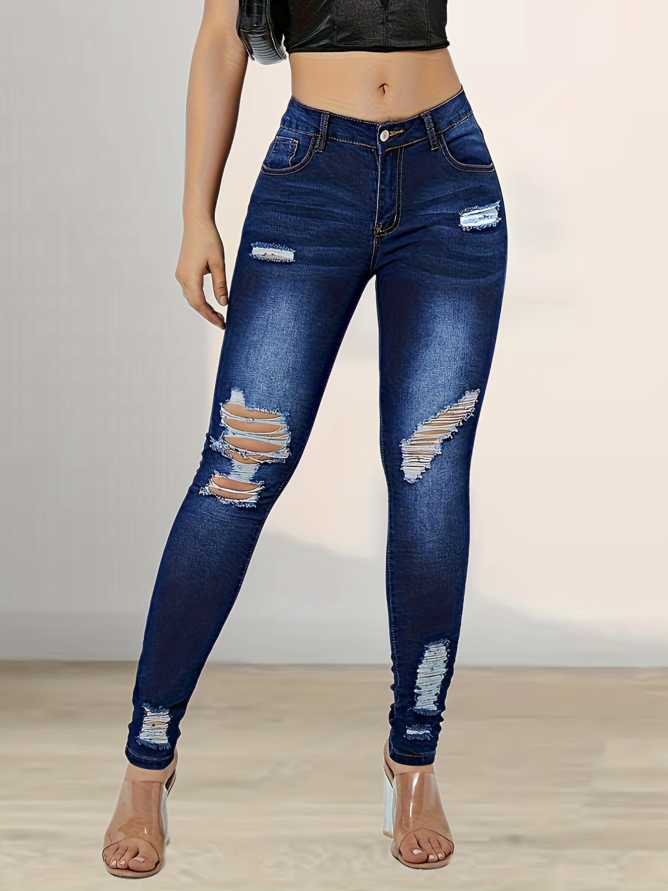 Blue stretch Capris Denim Jeans Slim Fit Slant Pockets - Temu