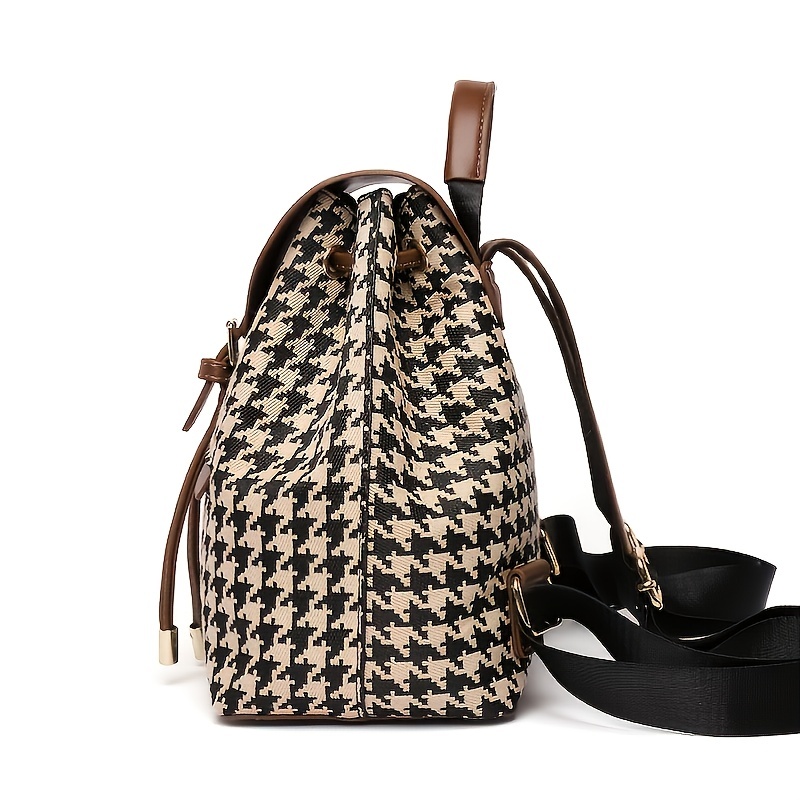 Houndstooth Flap Backpack, Drawstring Design Daypack, Women's Simple Travel  School Bag With Pendant
