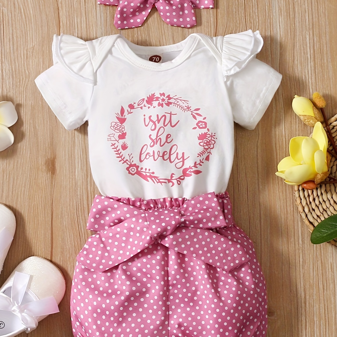 

3pcs Baby Girls Cute "isn't She Lovely" Short Sleeve Ruffle Trim Onesie & Polka Dot Belted Shorts & Headband Set, Cotton Casual Clothes