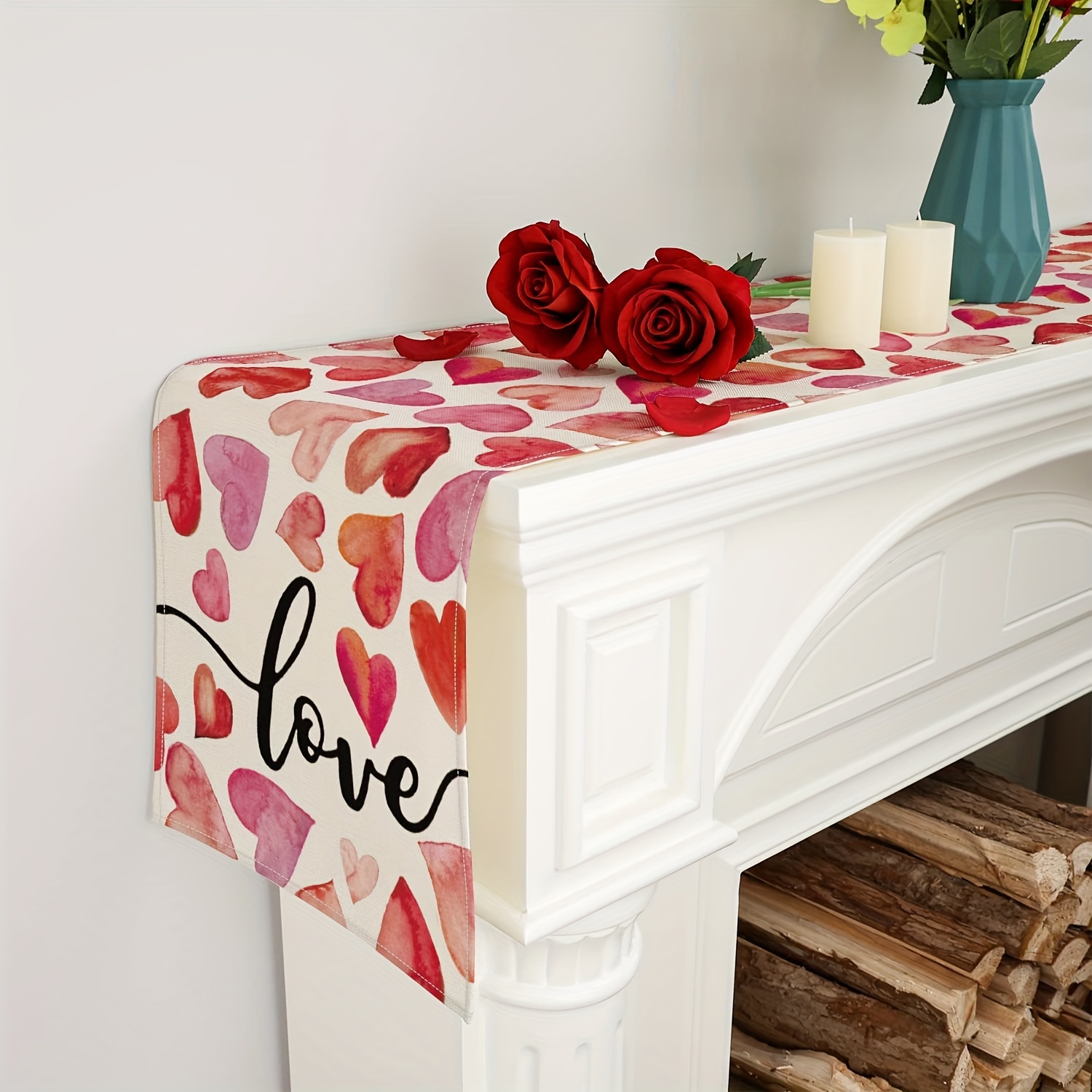 Valentine Table Runner Red White Heart Valentines Day Decor Table