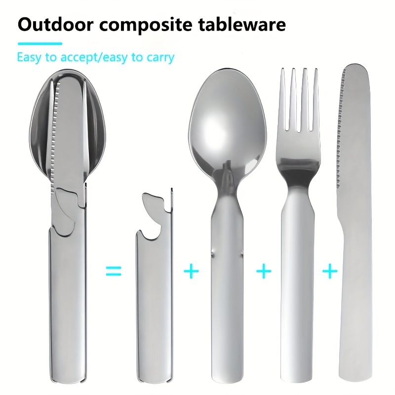

1 Set, 4in1, Cutlery Set, Stainless Steel Cutlery Set, Portable Outdoor Spoon, Fruit Fork, Steak Knife, Bottle Opener, Combination Cutlery Set, Portable Cutlery For Outdoor Travel Camping
