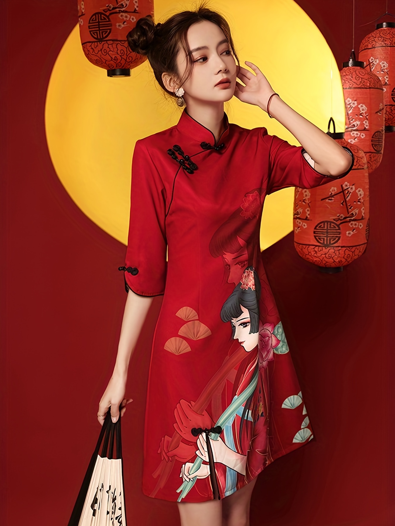 Girl Print Cheongsam Dress, Vintage Chinese Style Slim Qipao Dress, Women's  Clothing