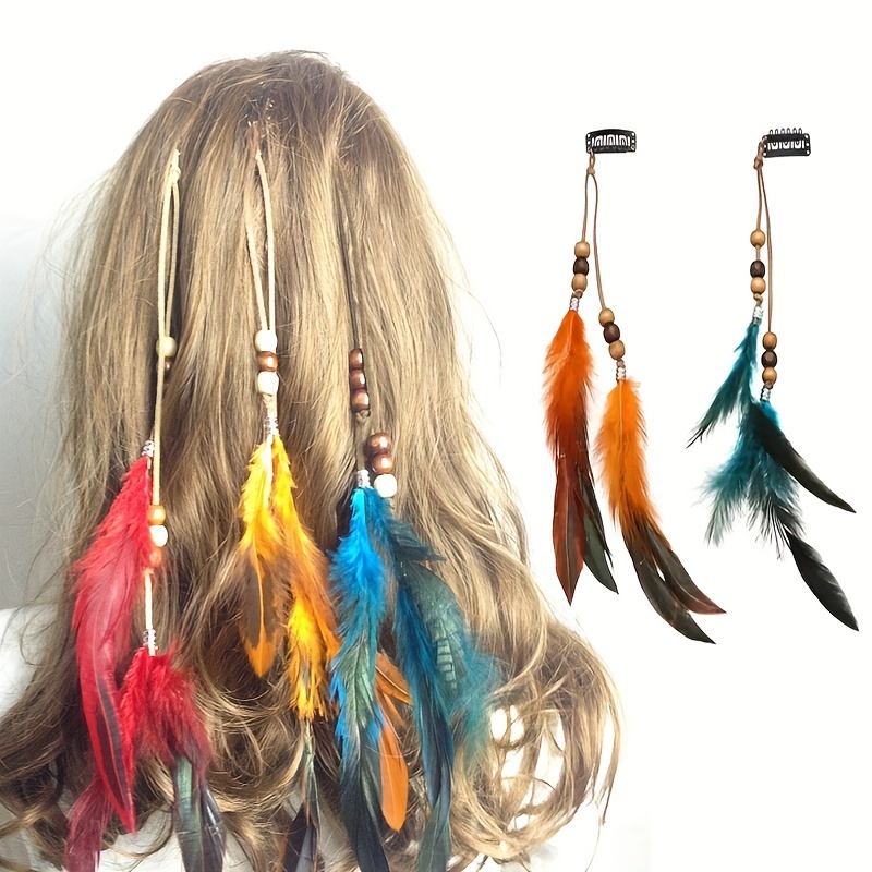 

6 Color Mixed Set Ethnic Feather Hair Clip Personality Fashion Tassel Hair Piece Unique Handmade Braided Colorful Feather Hair Card Western Style Headwear Decors