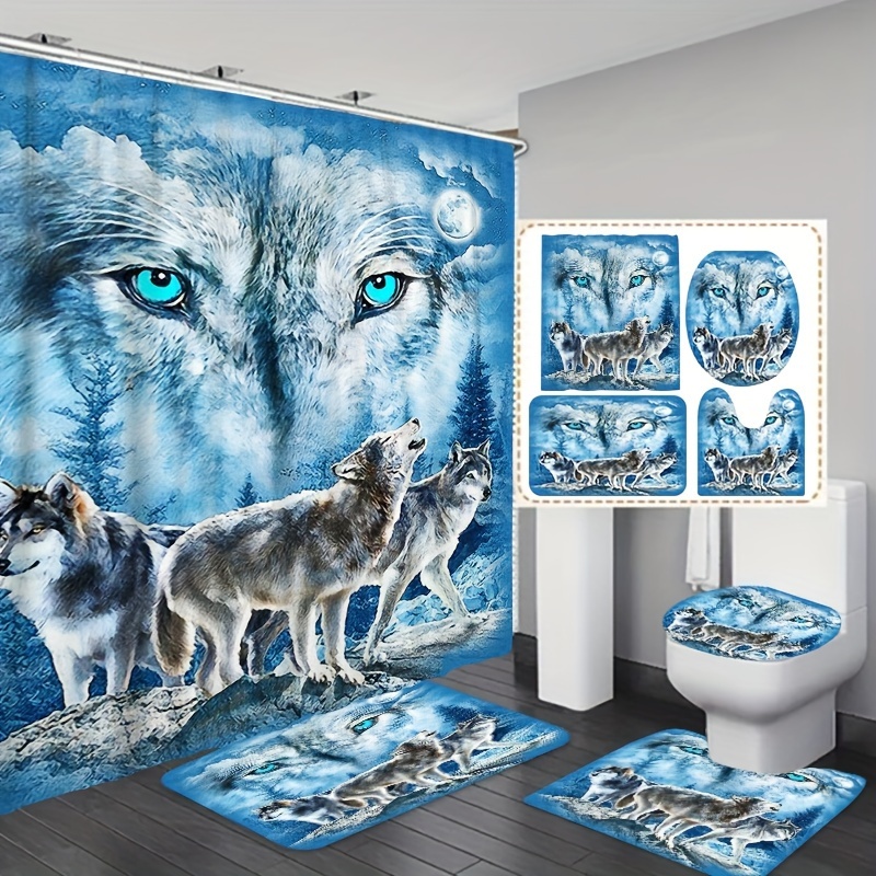 Blue Three Wolfs Bathroom Shower Curtain Mats Decoration - Temu