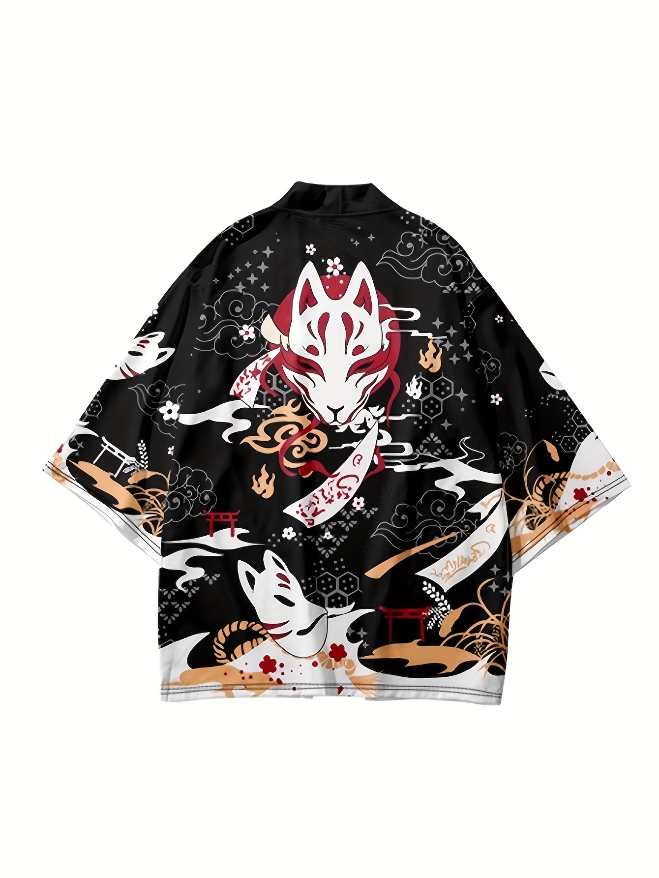 Women's Japanese Style Kimono Plus Size Fox Face Mask Print - Temu