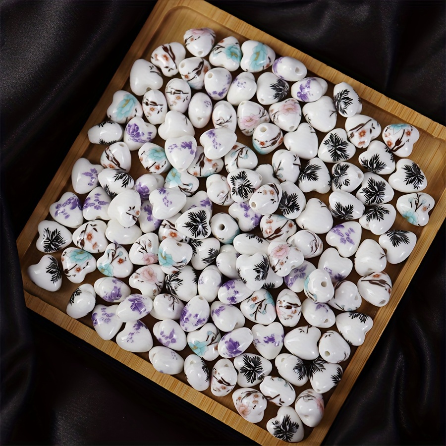 

20pcs 12mm Heart-shaped Ceramic Material Beads, Printed Beads Diy Jewelry