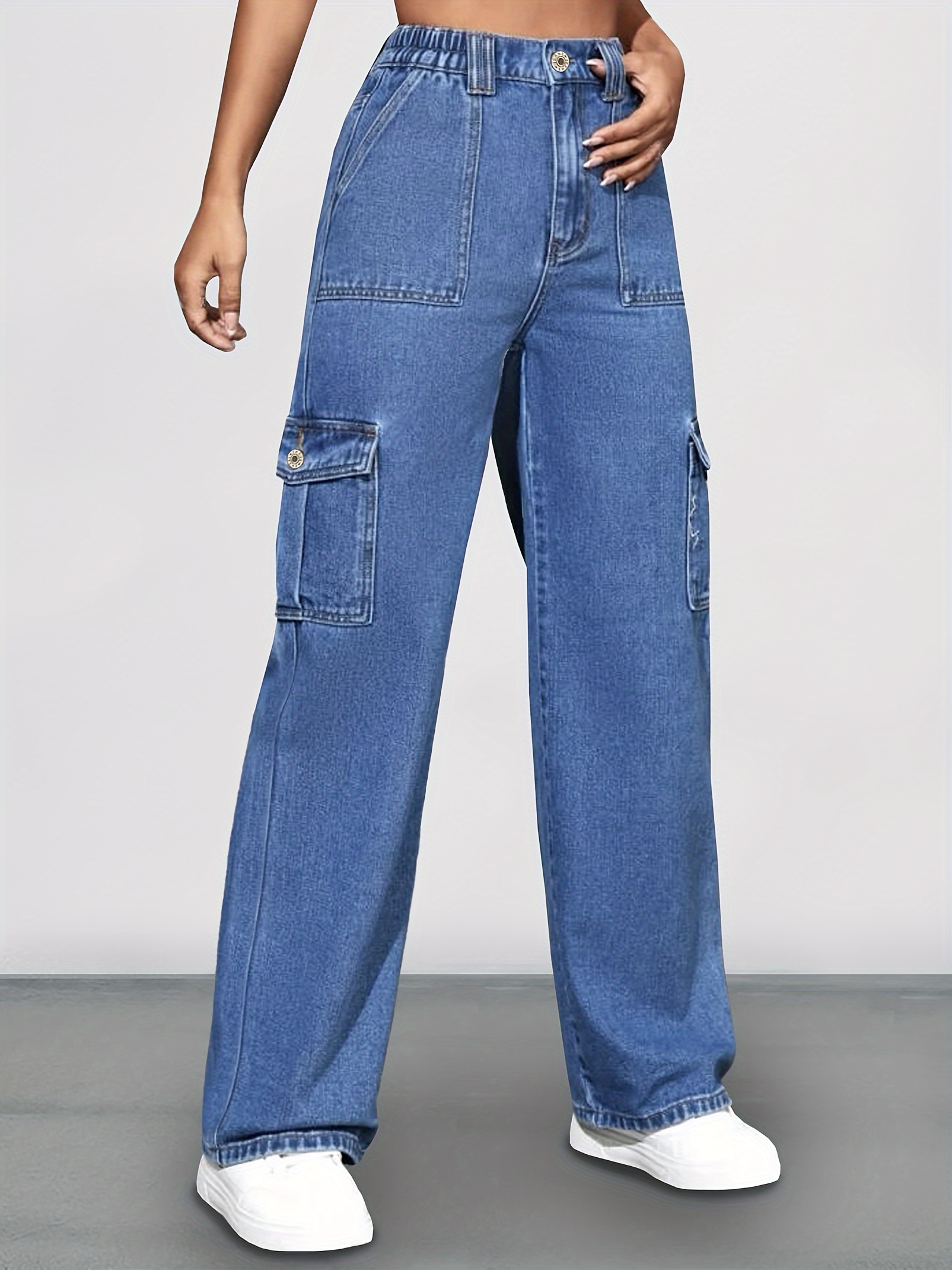Blue Flap Pockets Cargo Pants Slight stretch Elastic Waist - Temu