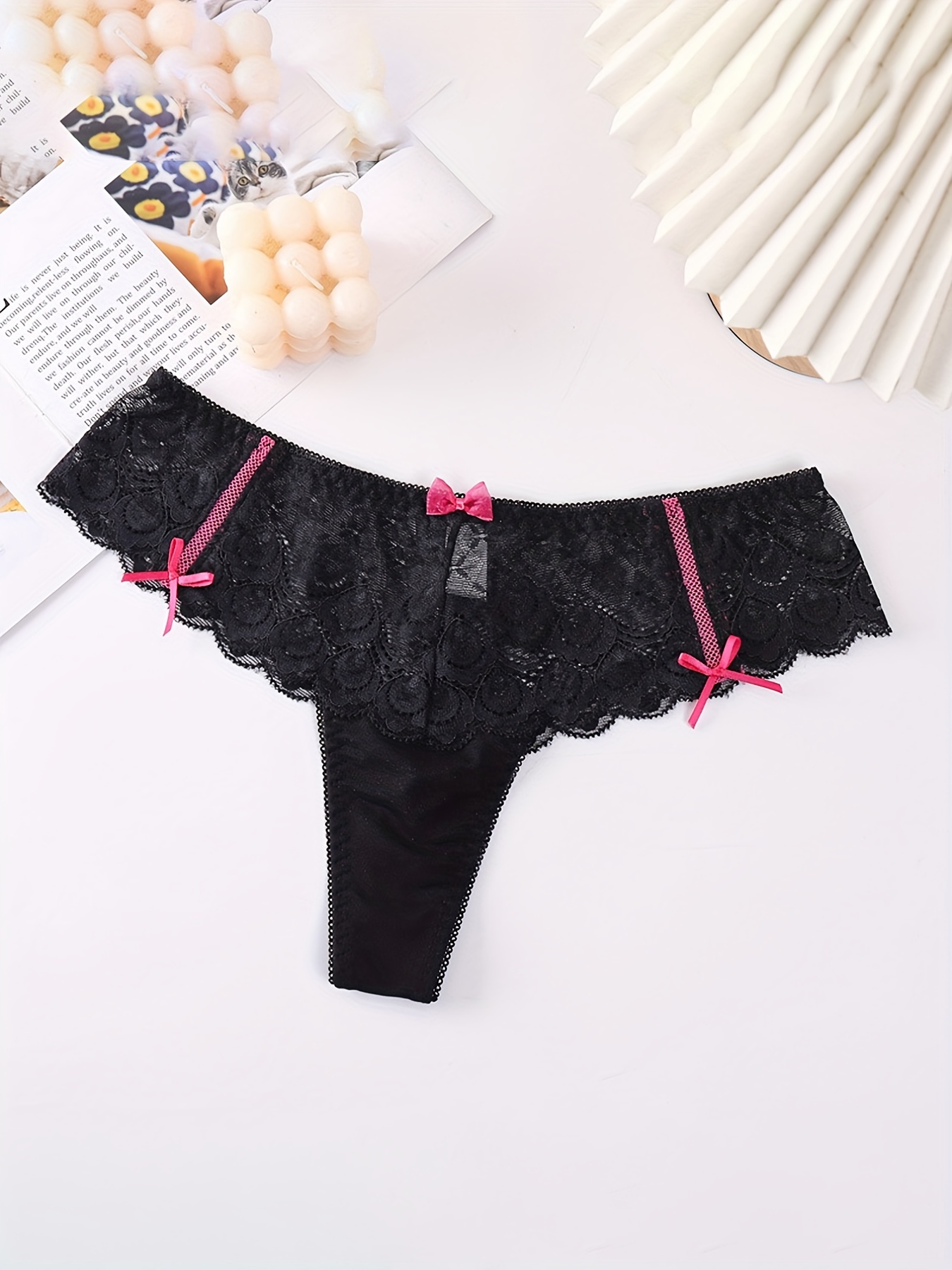 wendunide womens underwear Women Mesh Bow Embroidered Lace Transparent  String Sexy Underwear Back Bandage Hollow Out Panties String Sex Briefs  Women's