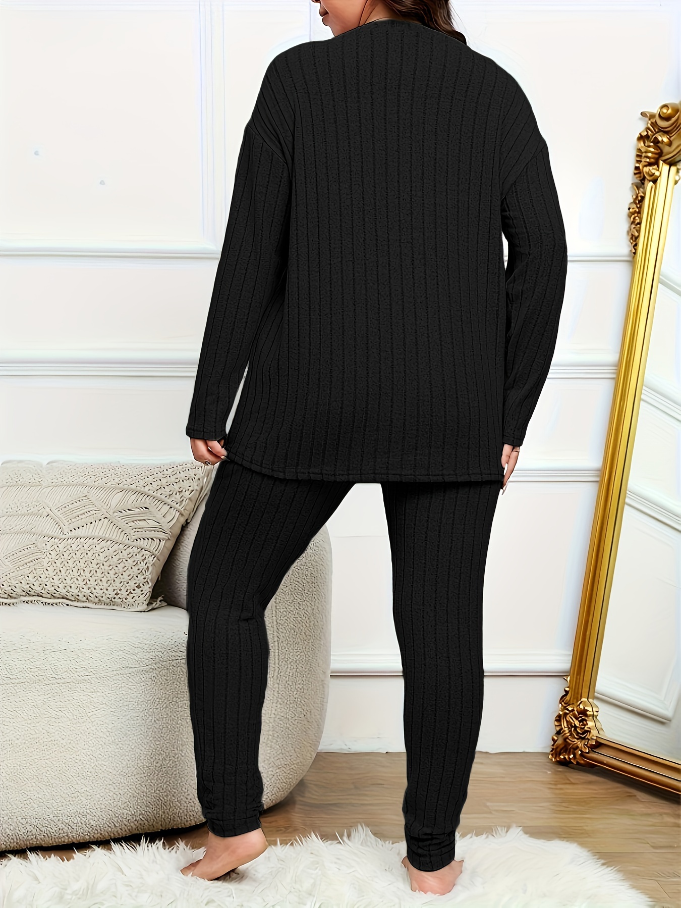 Plus Knitted Crew Neck Sweater Loungewear Set