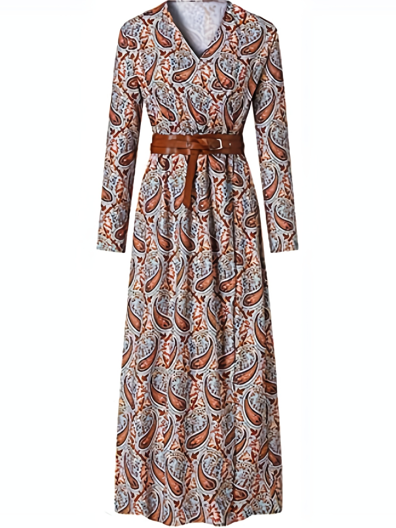 Paisley Print V Neck Dress Boho Long Sleeve High Waist Maxi - Temu