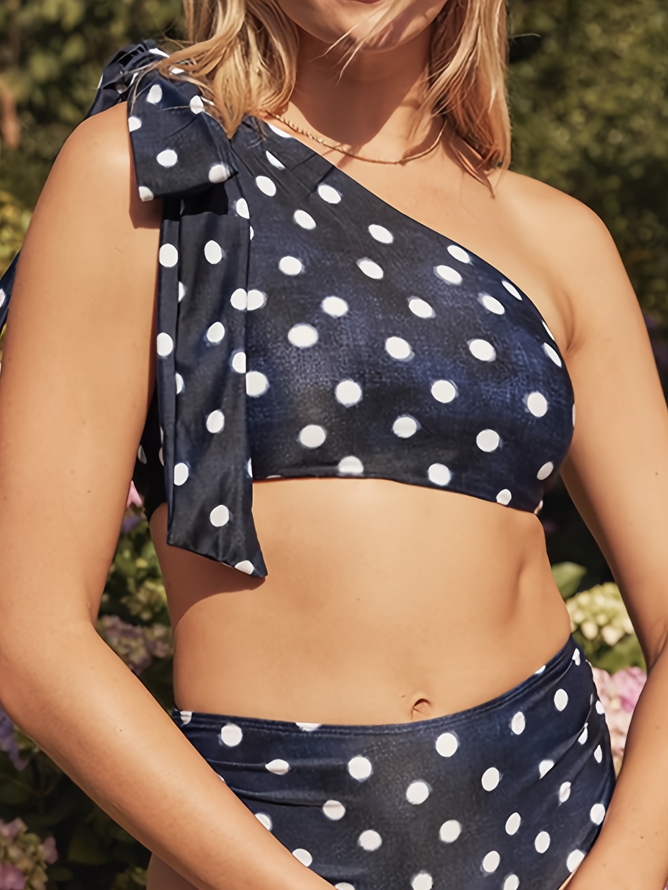 Polka dot tie shoulder top with 2025 high waist bikini