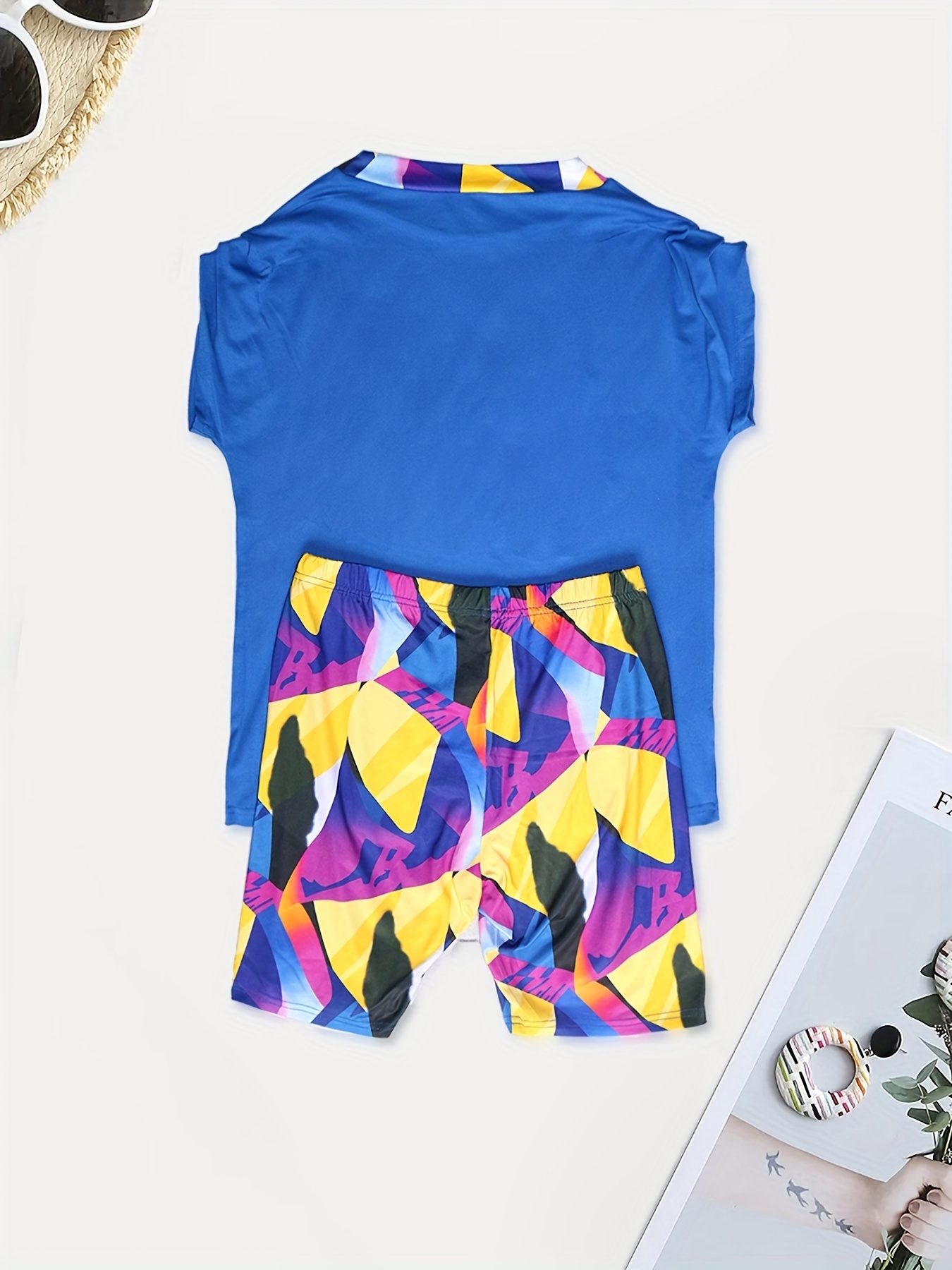 Letter Print Tee & Full Printed Shorts Set Women's Outfit