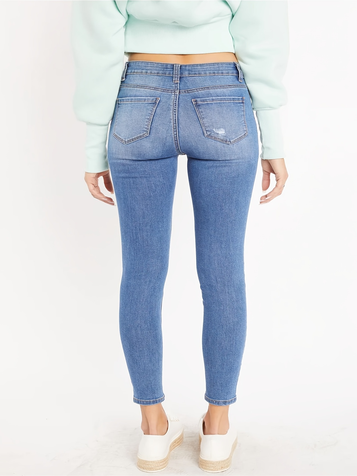 Stretchy Light Blue Cropped Skinny Jeans Distressed - Temu