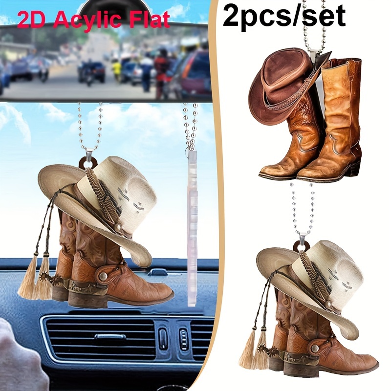 

2pcs Creative Western Cowboy Boots And Hat Pendant Acrylic 2d Flat For Key Chains And Car Interior Mirrors Pendant Door And Window Decoration Pendants