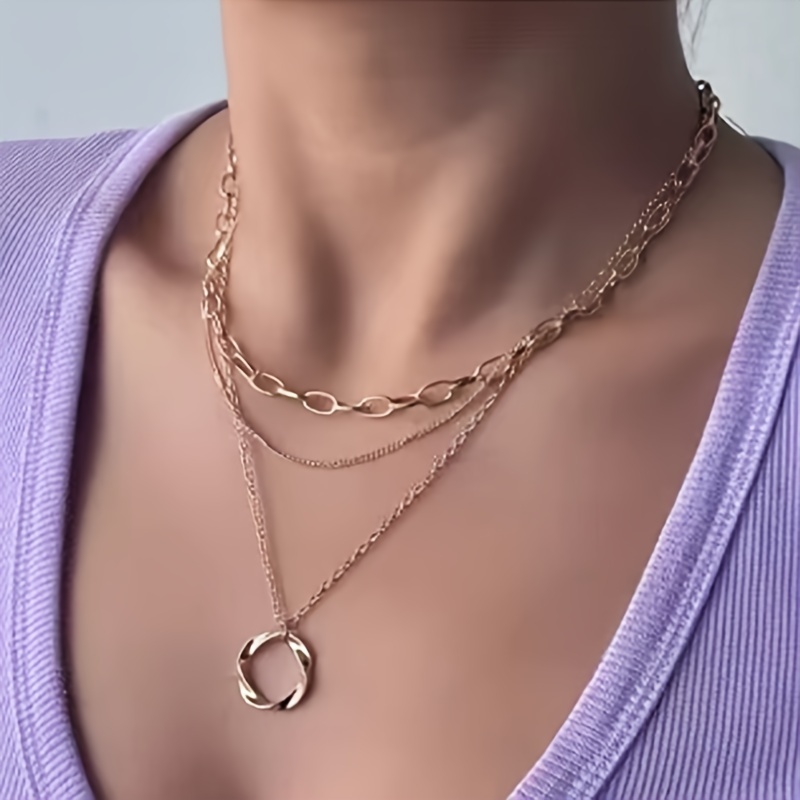 Simple Double Circle Pendant Clavicle Chain Necklace Copper Golden Necklace  Chain For Women Daily Party Jewelry Gift