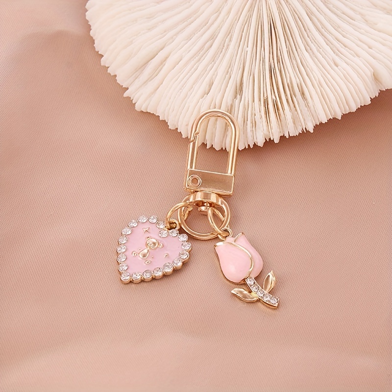 Bling Rhinestones Purse Chain Pink Flowers Pendant Key Chain 