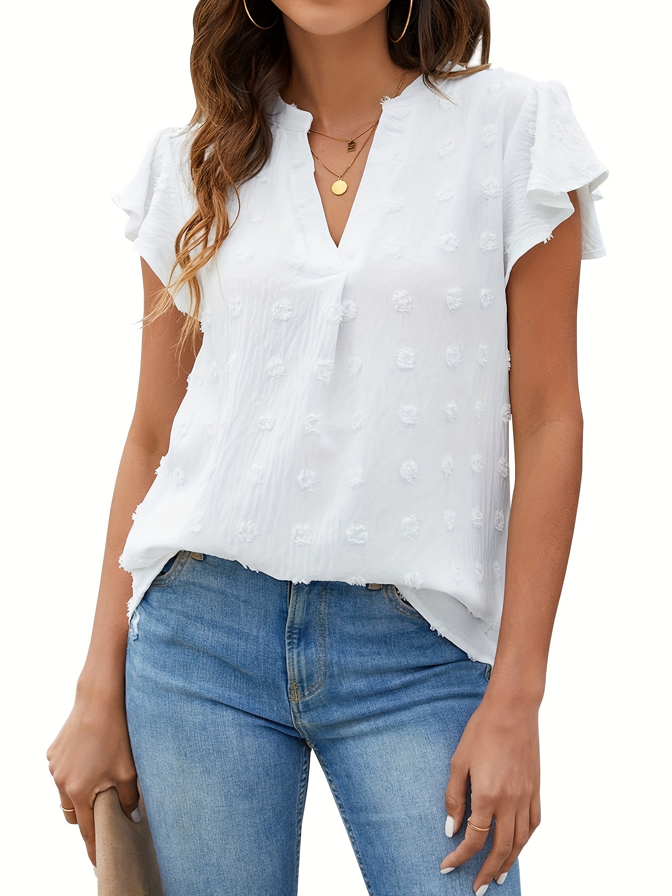 Solid Dot Blouse Casual V Neck Short Sleeve Ruffle - Temu Philippines