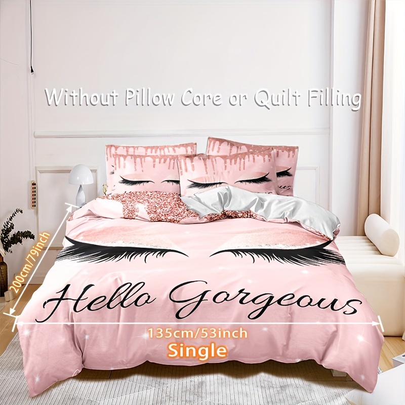 TEMU 3pcs Soft And Comfortable Pink Eyelashes Print Duvet Cover Set For Bedroom And - Includes 1 Duvet Cover And 2 Pillowcases (core Not Included)