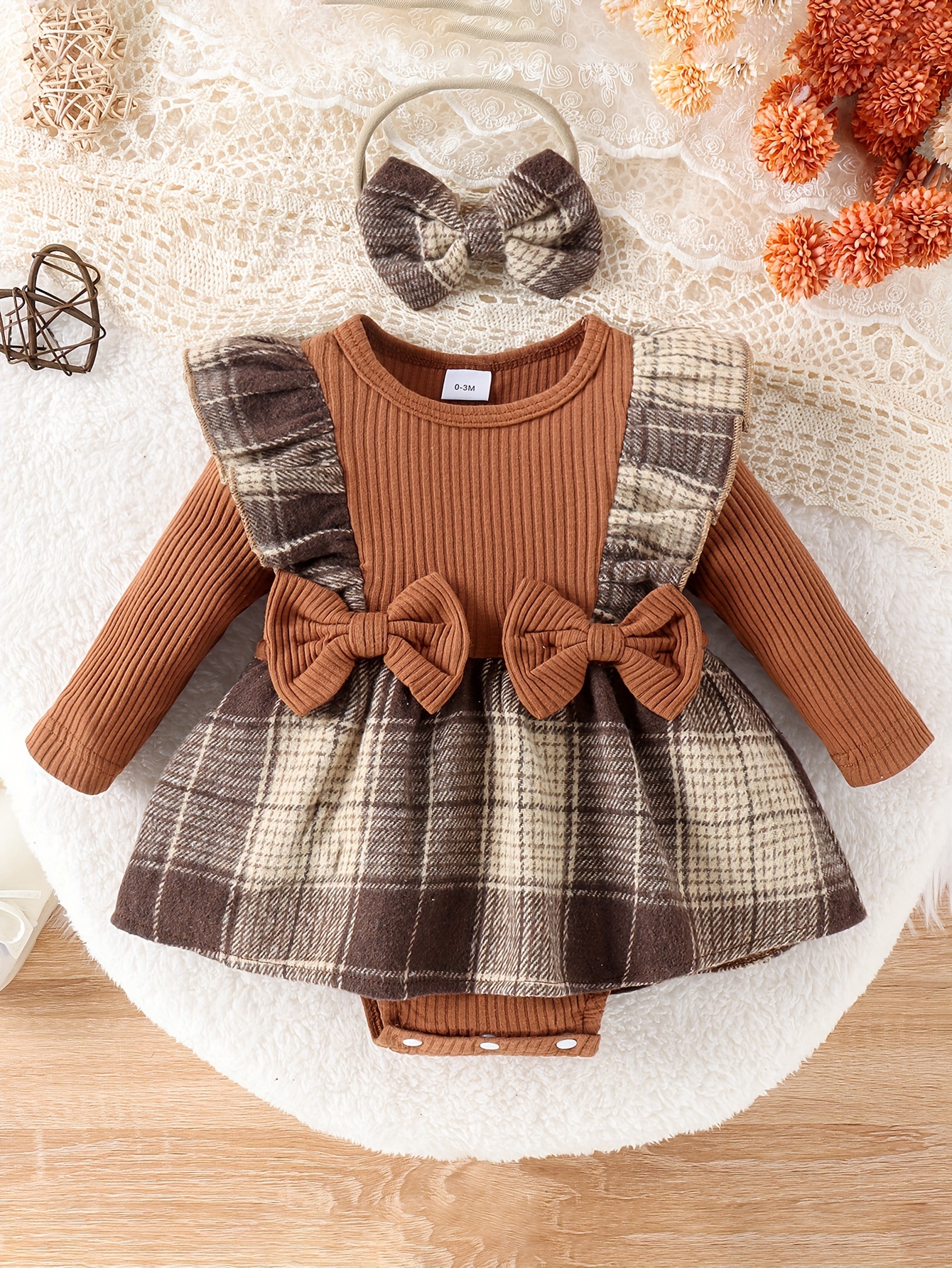 Infant Baby Girl Long Sleeve Round Neck Plaid Skirt Bow - Temu