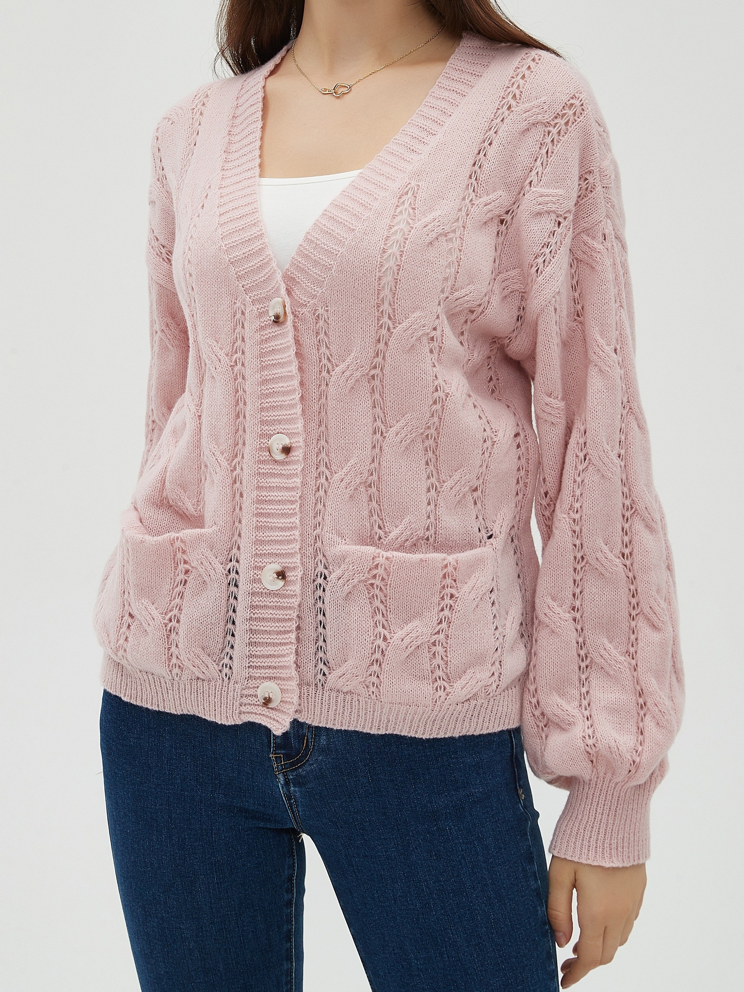 Solid Button Down Cable Knit Cardigan, Casual Long Sleeve Pocket Soft  Sweater, Women's Clothing