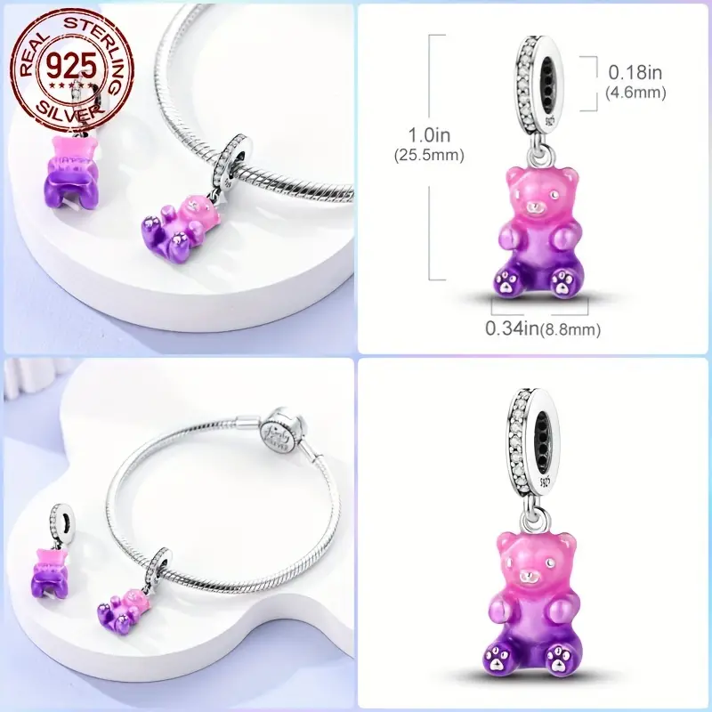 Girl Teddy Bear With Enamel Pink Beads Charms Authentic 925