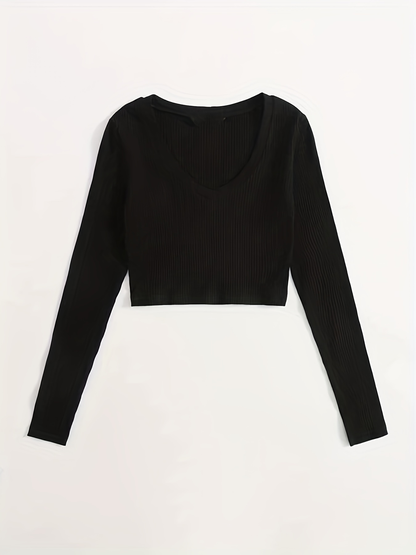 Women's V Neck Ribbed Crop Top Long Sleeve Pullover Casual Loose T-shirt Tee