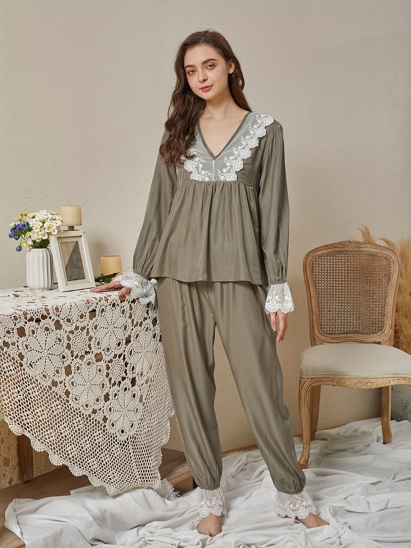 Lace Mesh Pajama Set Flare Sleeve Ruffle Robe Contrast Lace - Temu