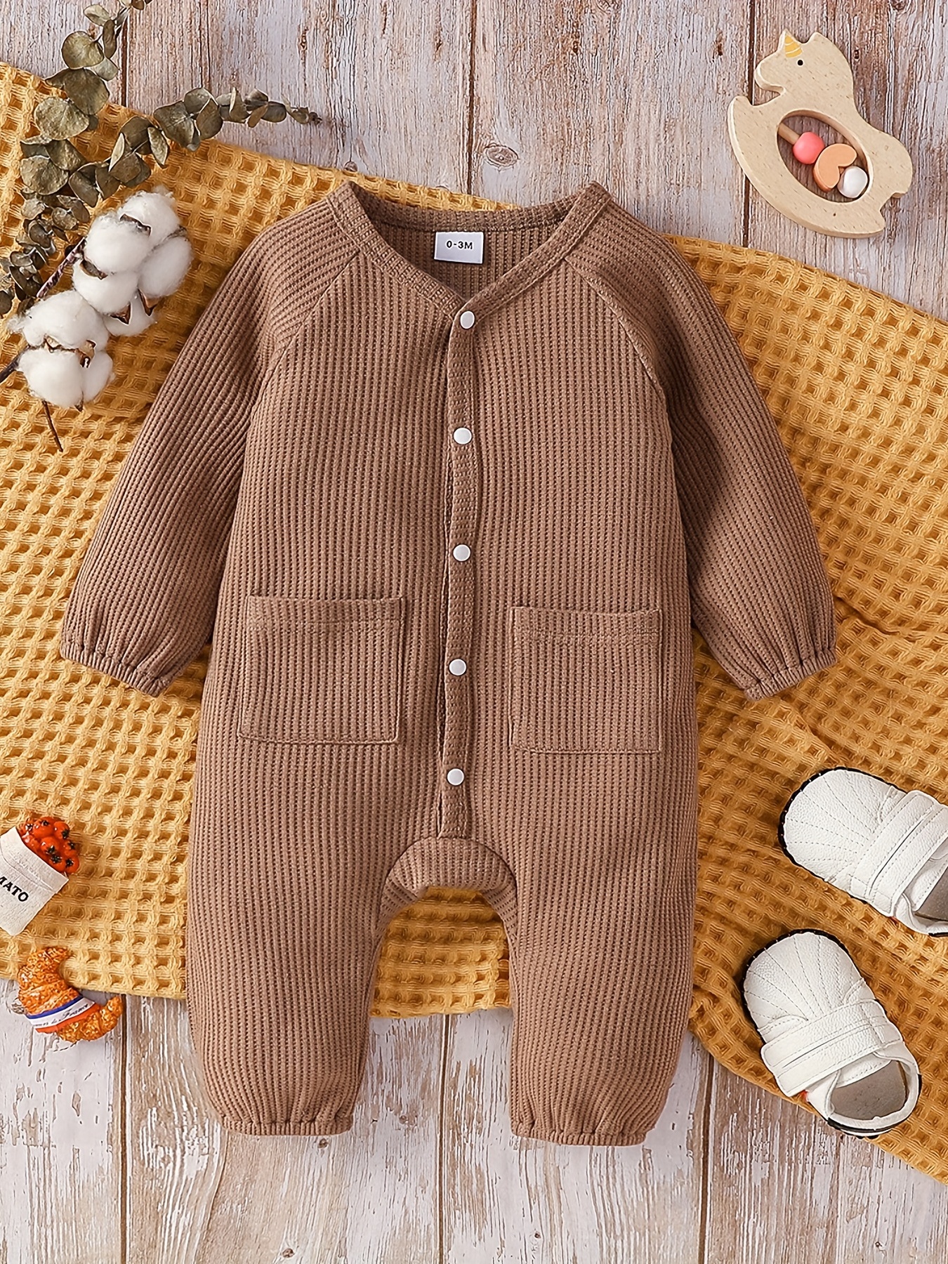 Baby Girls Romper Knit Clothes Cute Waffle Bear Pocket - Temu
