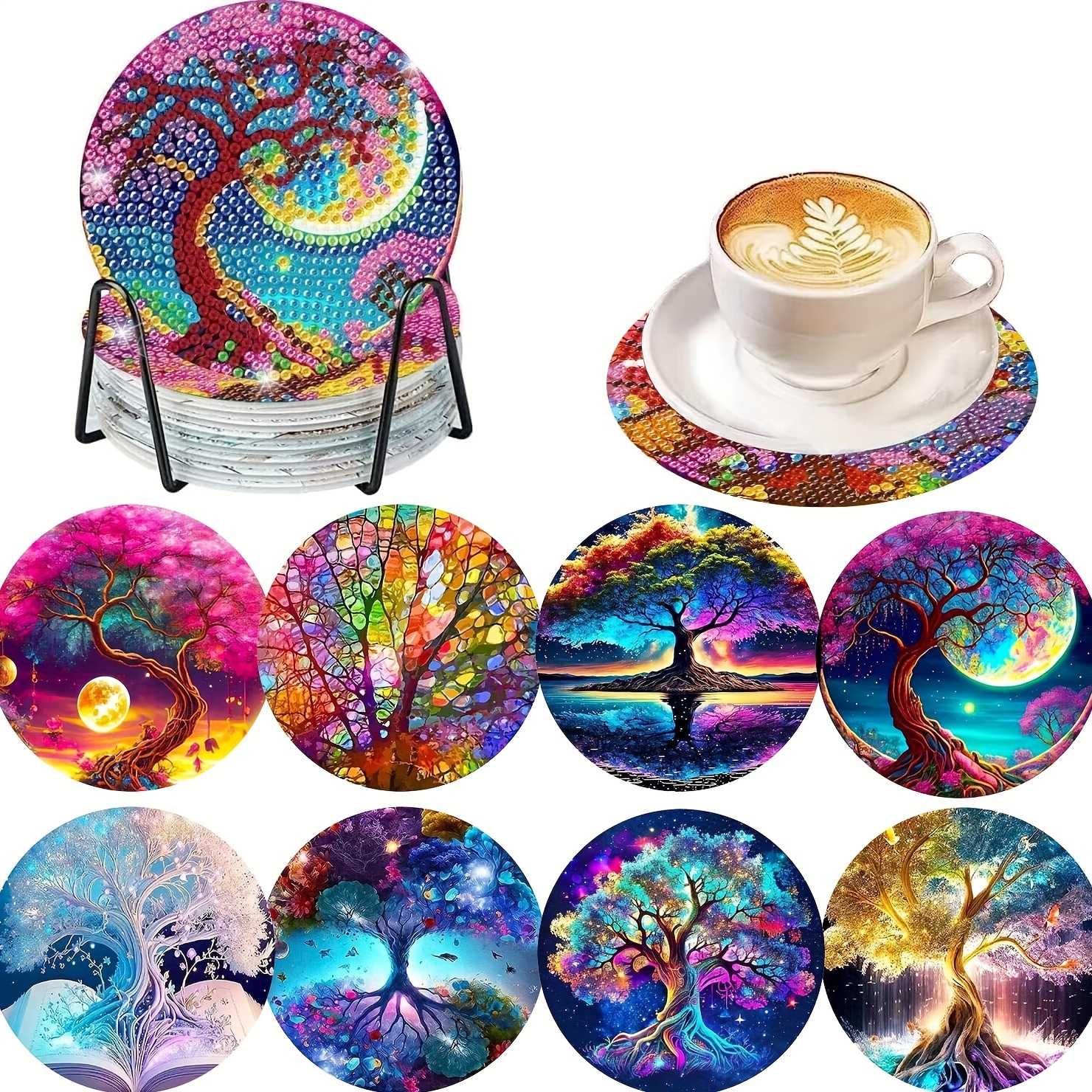10 Pieces Diamond Painting Coasters Kit Holder Cork Pads, Skull Pattern Diamond Painting Coaster, DIY Diamond Painting Kits, for Gift Adults & Kids