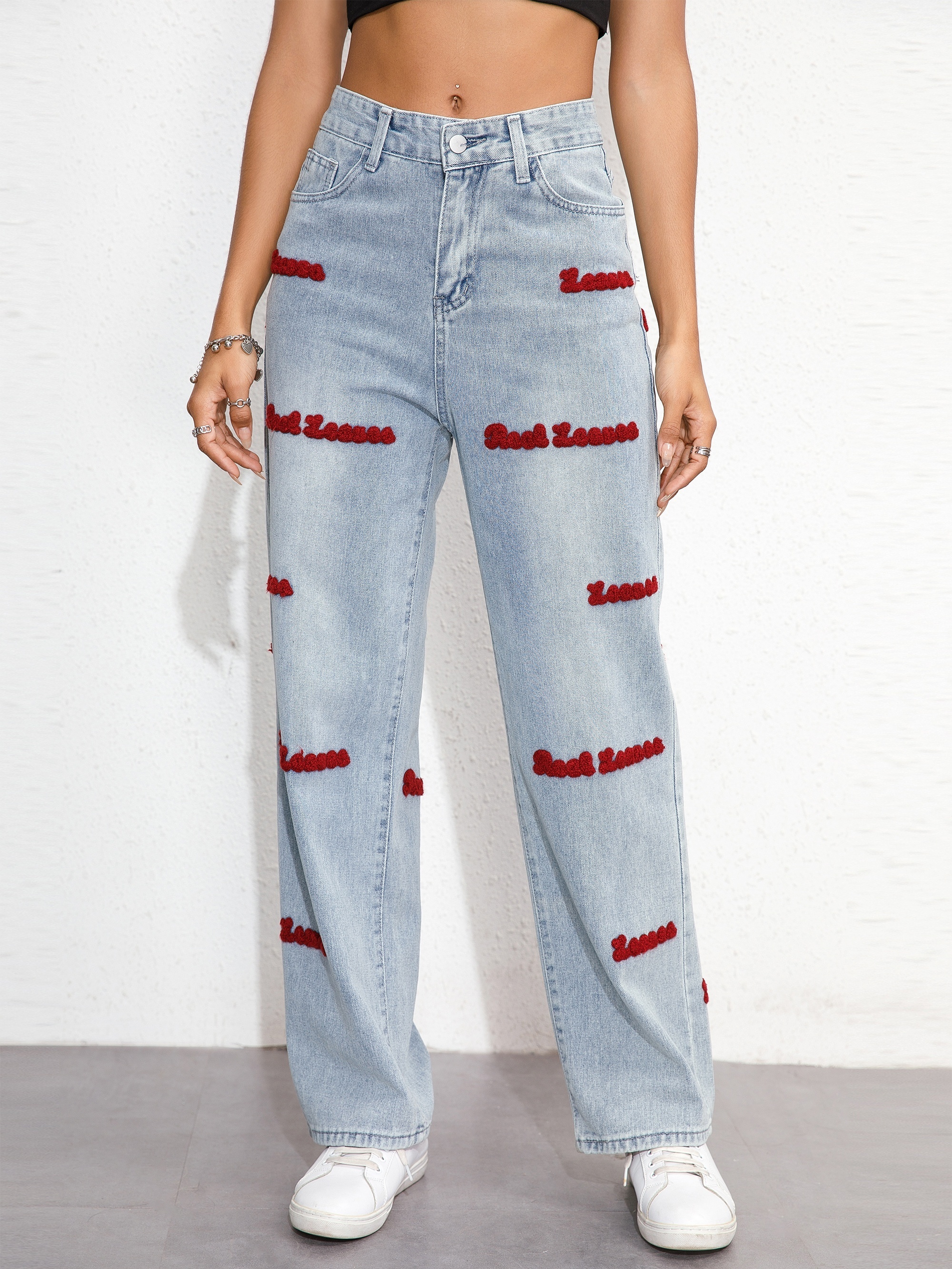 Letter & Cartoon Graphic Ripped Mom Fit Jeans