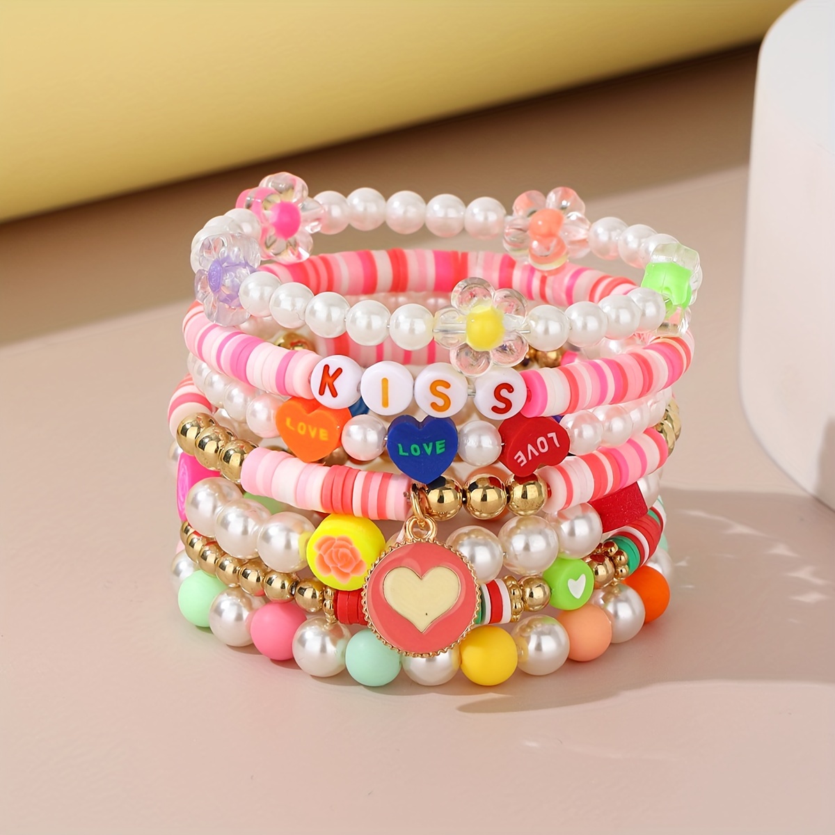 7pcs Clay Beads Beaded Bracelet Set Lovely Hand Jewelry Decoration for Women,Temu