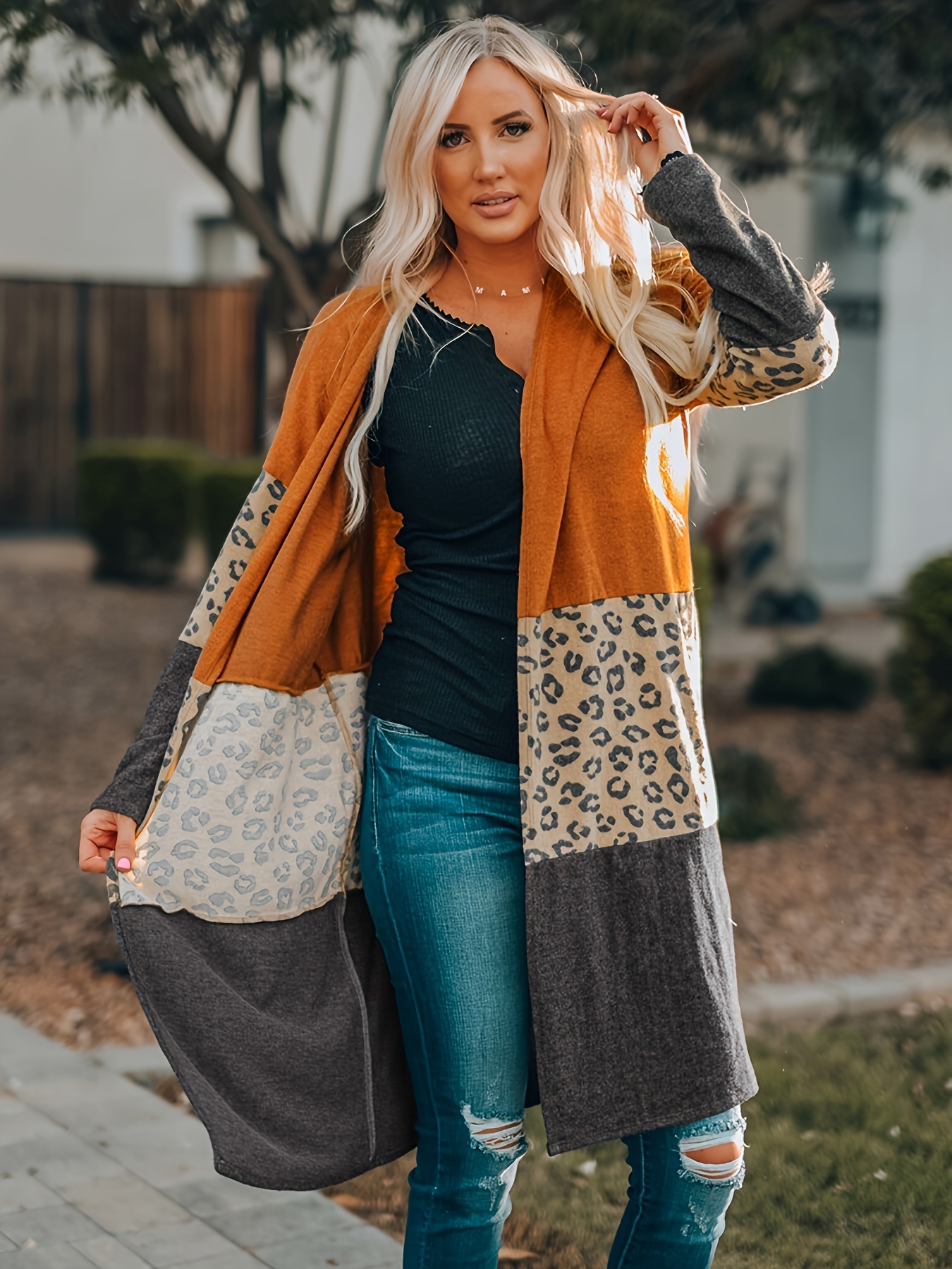 Leopard Color Block Open Front Cardigan Casual Long Sleeve Temu