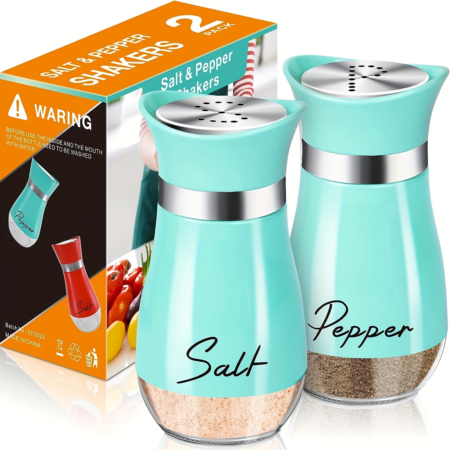 Teal Salt and Pepper Shakers with Glass Bottom, Stainless Steel