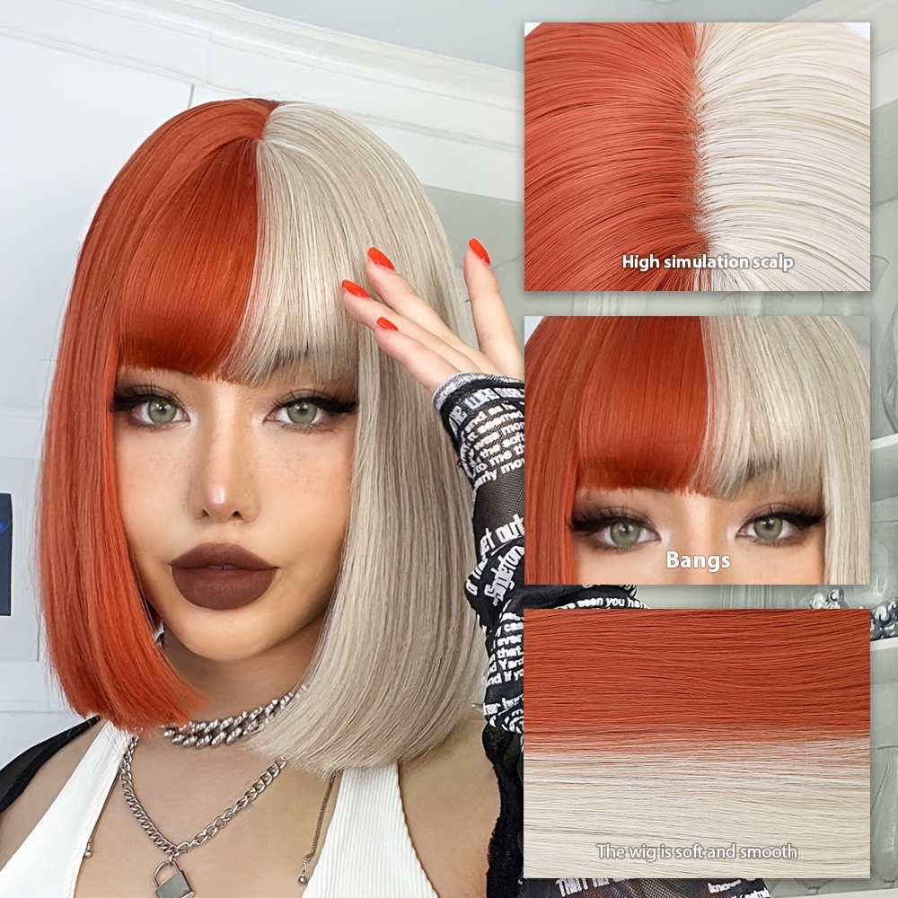 Fashion Half Red Half Blonde Short Bob Wig Synthetic Wigs Temu