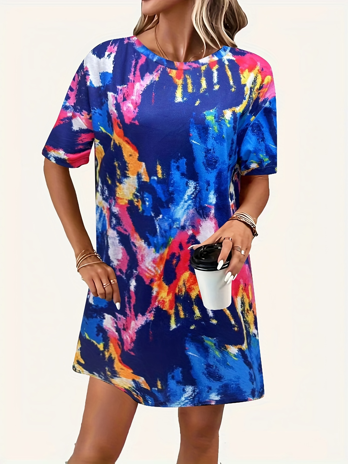 Tie Dye Crew Neck Short Sleeve Dress Women's Clothing