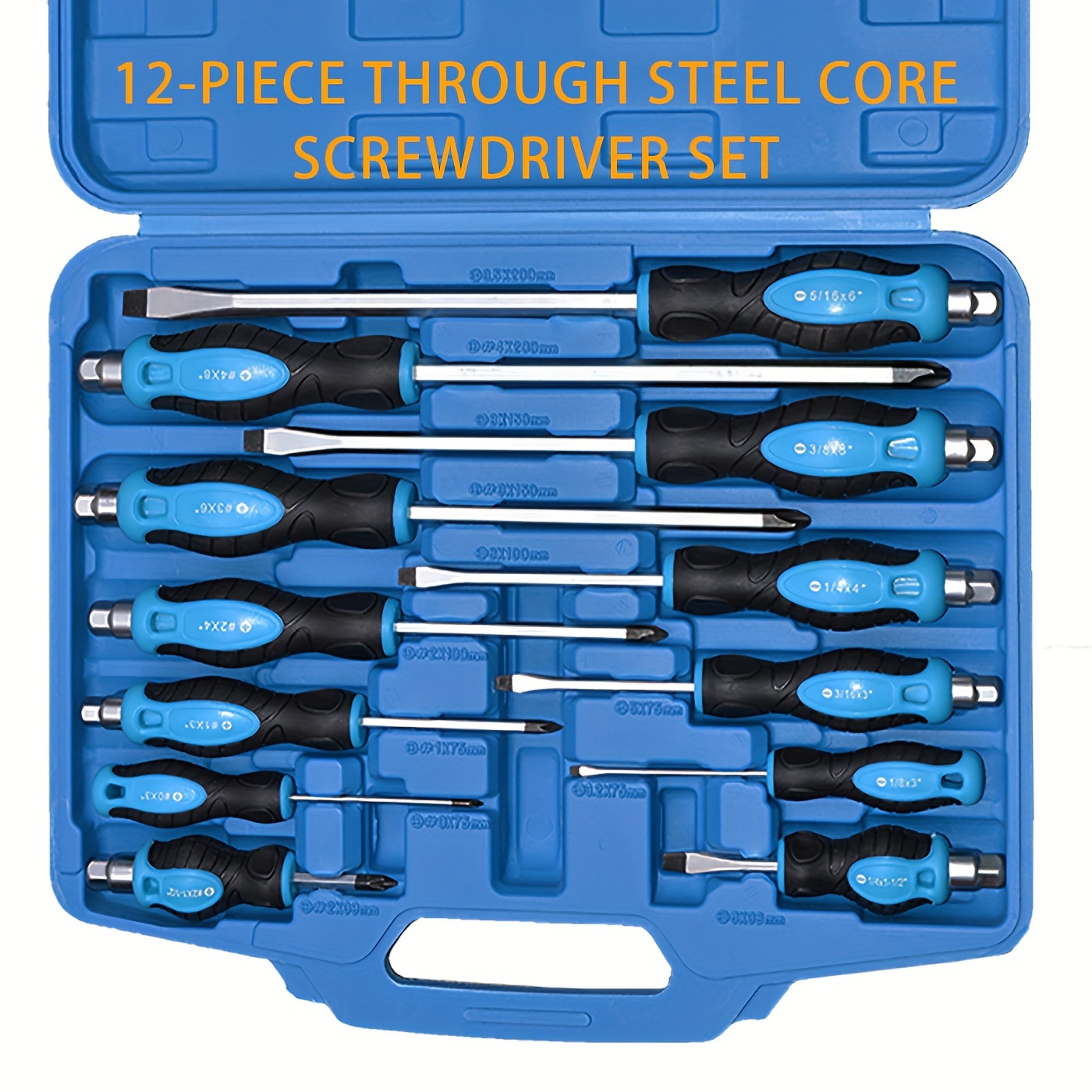 

12-piece Through Steel Core Screwdriver Set, Go-thru Steel Blade High Torque For Fastening, Chiseling Or Loosening Seized Screws, 6 Phillips& 6 Slotted Magnetic Bit, With Carry Case