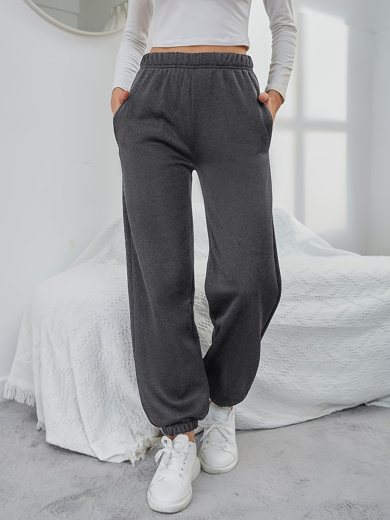 Plus Size Sporty Pants Women's Plus Solid Elastic High - Temu