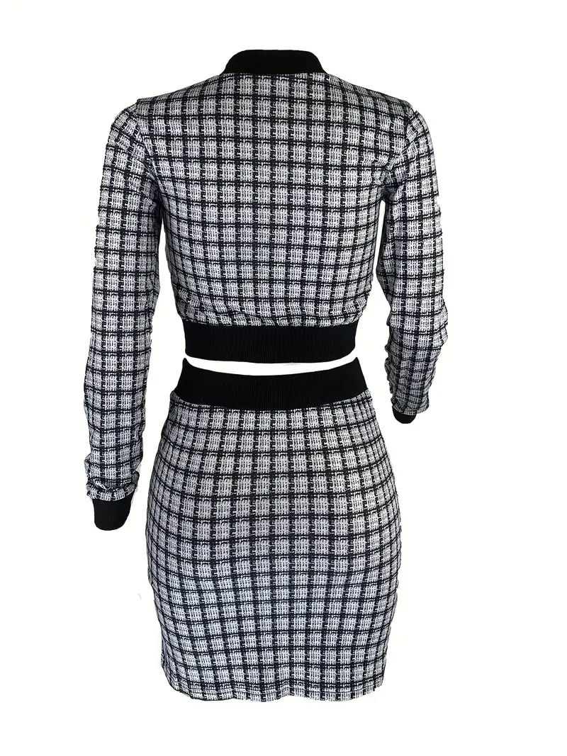 elegant plaid matching two piece set crop zip up jacket bodycon skirt outfits womens clothing details 13