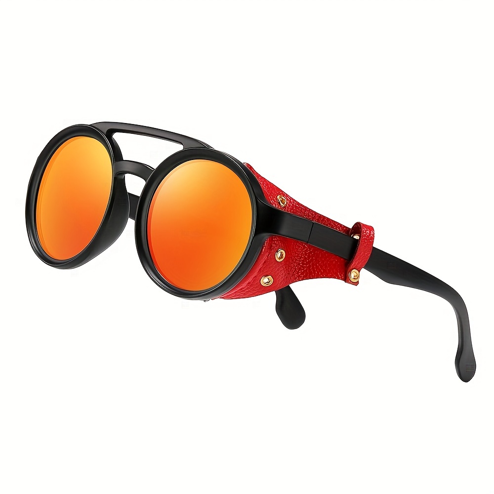 Steampunk Style Round Vintage Sunglasses Retro Eyewear for Men Women with Leather Side Glasses UV400,Temu