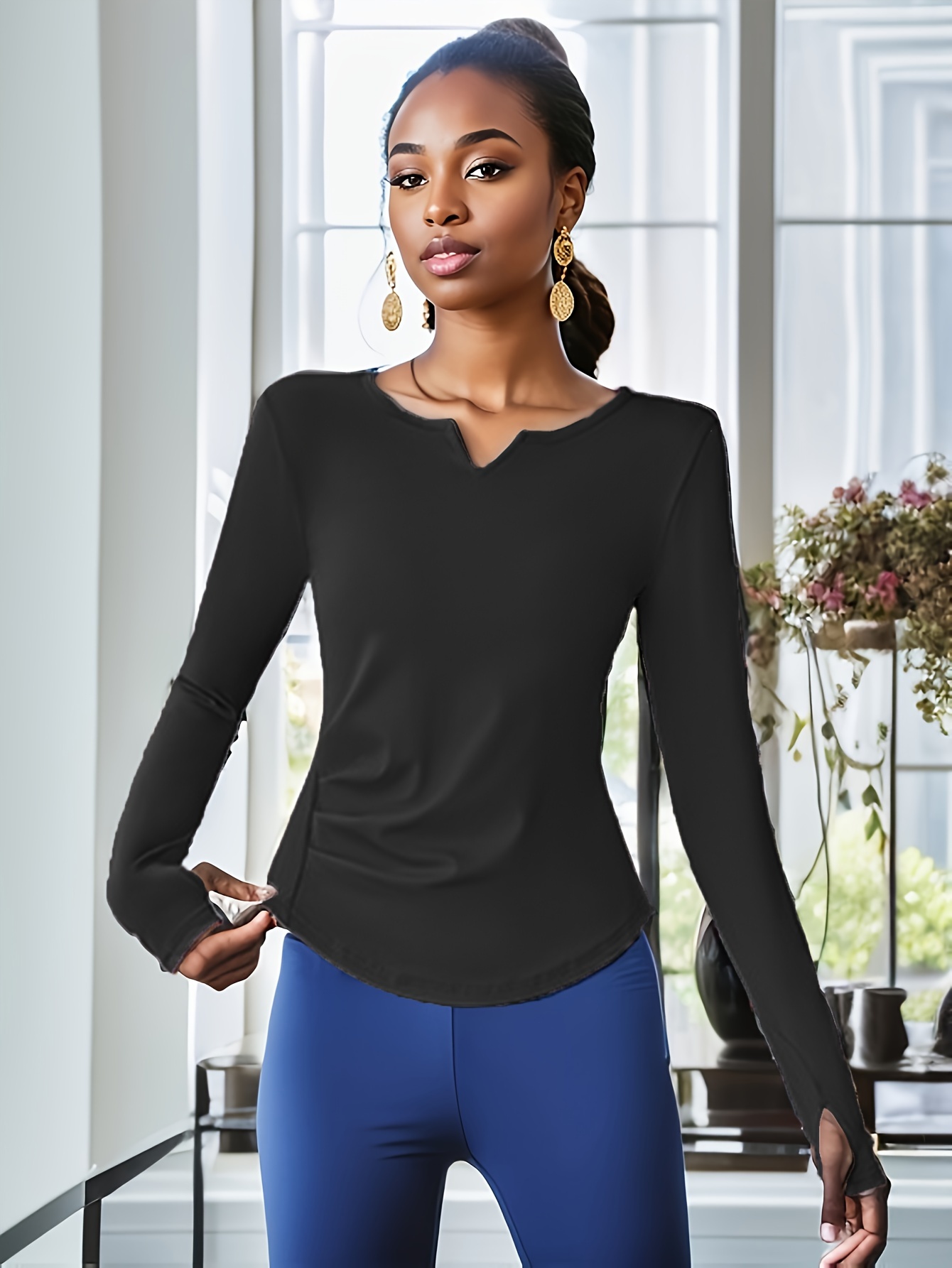 Women's Activewear: Solid Color Notched V neck Yoga Tops - Temu