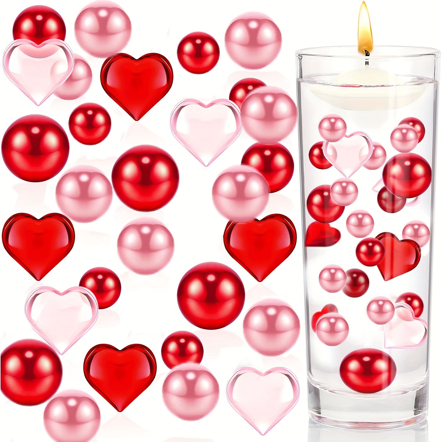 Dengmore Valentines Day Vase Filler Decorations Floating Valentine's Candles Plastic Glass Heart Vase Filler Floating Pearls Beads for Vases Valentine