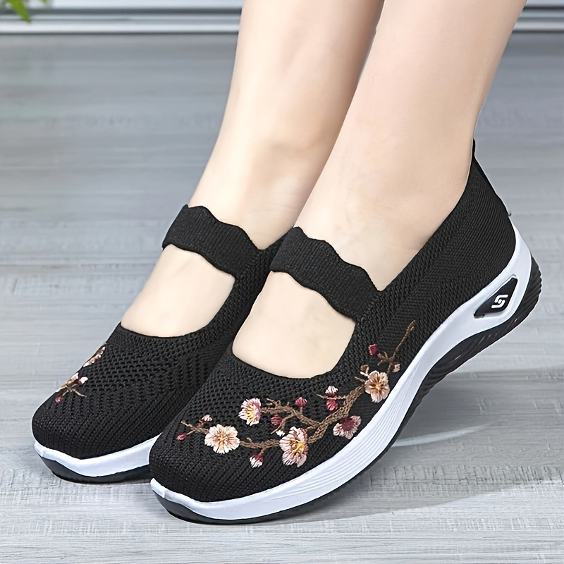 

Women's Flower Print Knitted Flats, Ankle Band Soft Sole Lightweight Slip On Walking Shoes, Breathable Low-top Comfort Shoes