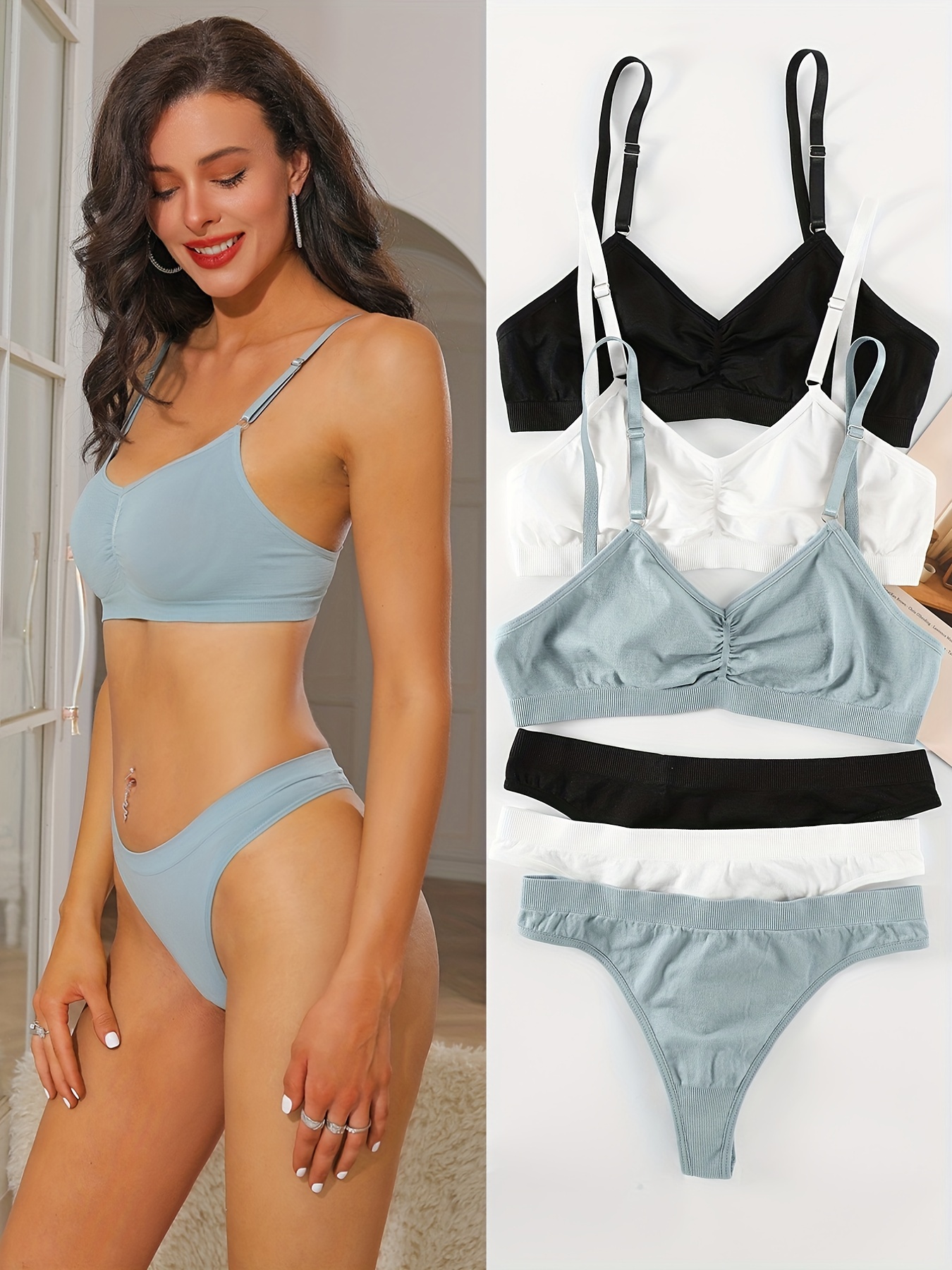 Simple Solid Bra & Panties, Comfy Seamless Bra & Thong Lingerie Set,  Women's Lingerie & Underwear