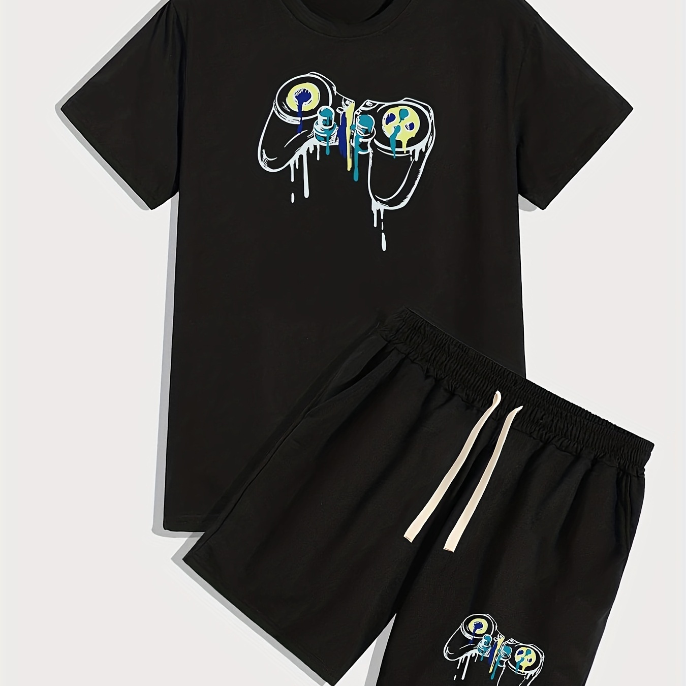 

Gamepad Print Men's 2pcs, Casual T-shirt And Loose Drawstring Shorts For Summer